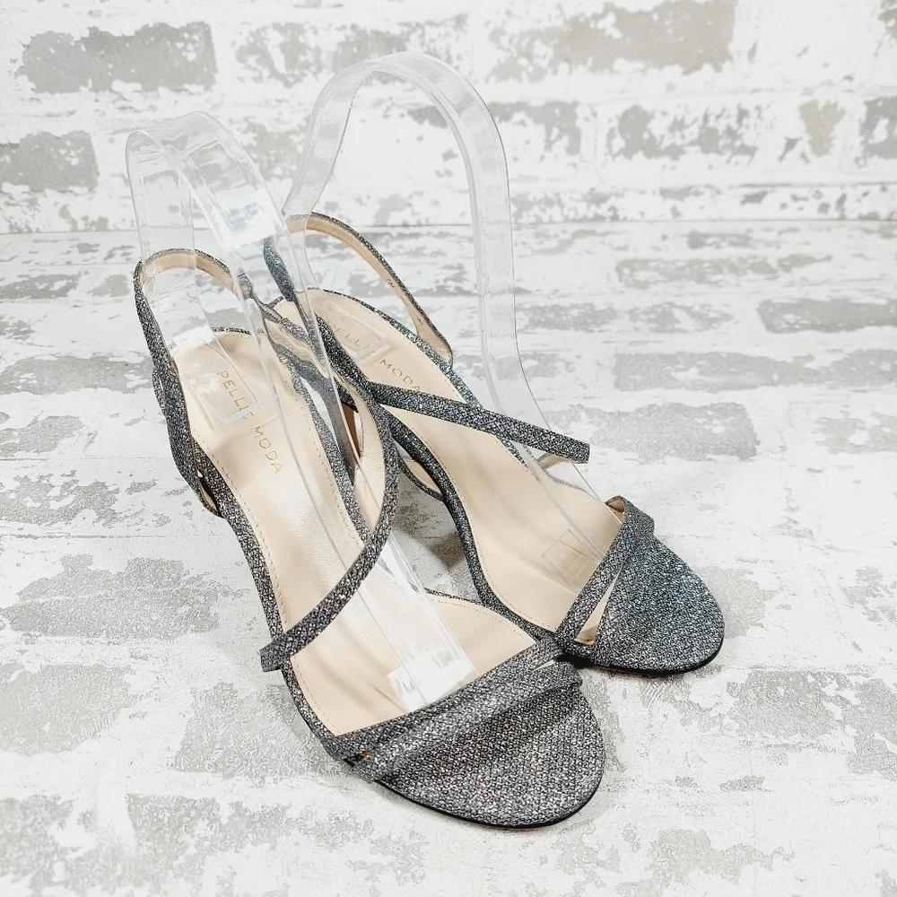 NEW Pelle Moda Rooni Silver Sparkle Mid Heel Slip On Sandals W554 - Picture 4 of 13